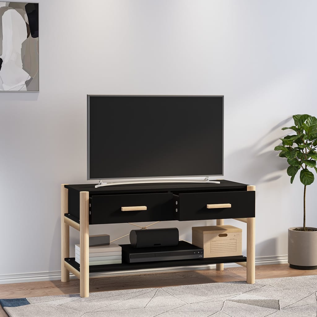 Meuble TV Noir Design et Pin Massif - 82 cm-Mon Meuble TV-Noir-1-3