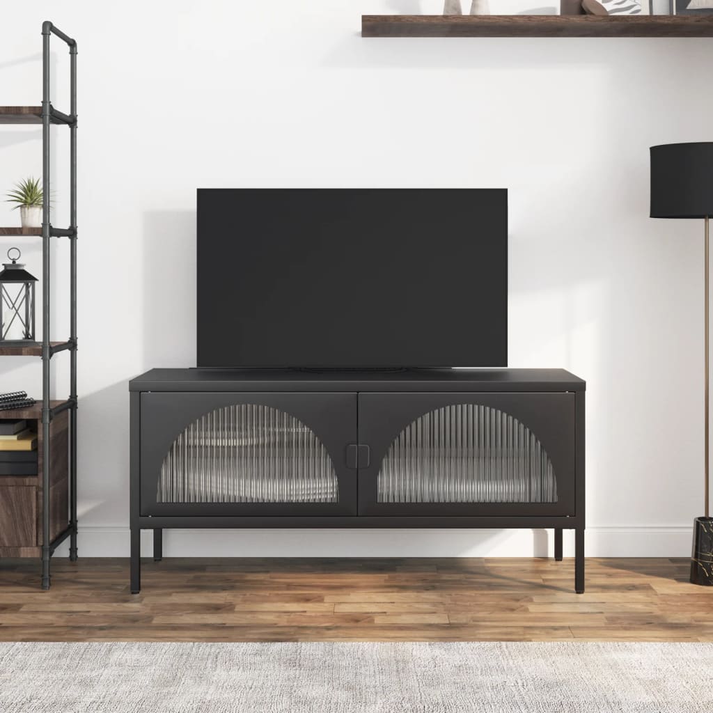 Meuble TV Noir en Verre Cannelé et Acier - 105 cm-Mon Meuble TV-1