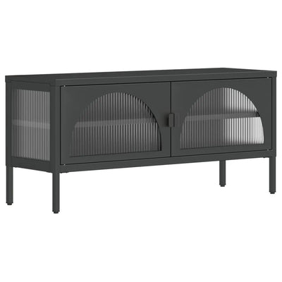 Meuble TV Noir en Verre Cannelé et Acier - 105 cm