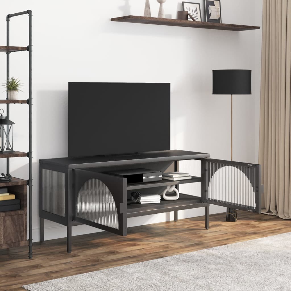 Meuble TV Noir en Verre Cannelé et Acier - 105 cm-Mon Meuble TV-3
