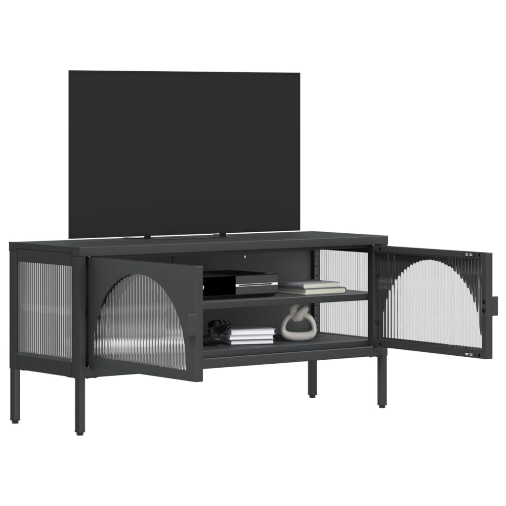 Meuble TV Noir en Verre Cannelé et Acier - 105 cm-Mon Meuble TV-4