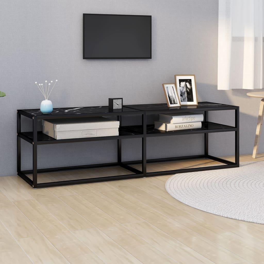 Meuble TV Noir en Verre Effet Marbre - 180 cm-Mon Meuble TV-Noir et marbre noir-140 cm-1-17