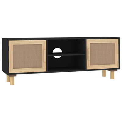 Meuble TV Noir et Rotin Naturel - 105 cm