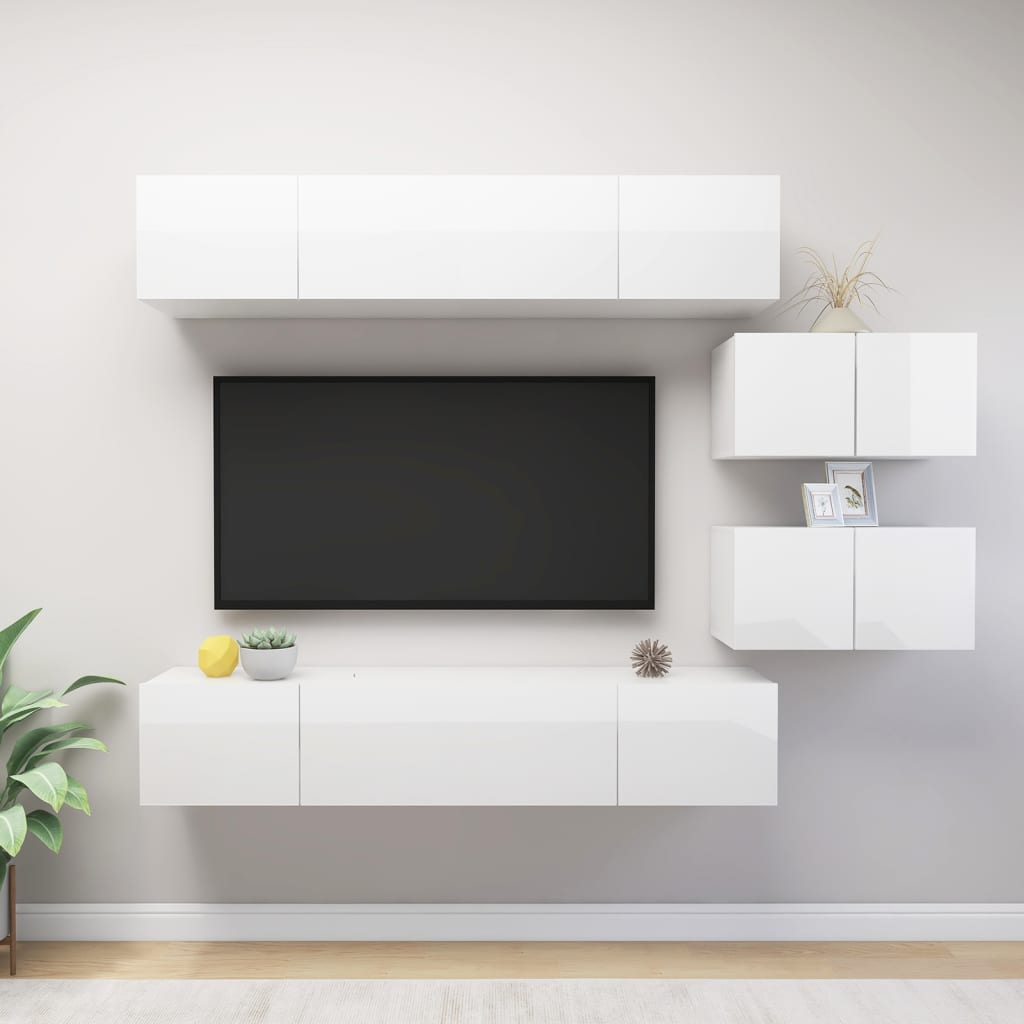 Meuble TV Scandinave Mural Effet Béton - 6 Pièces-Mon Meuble TV-Blanc brillant-80 cm-6-14