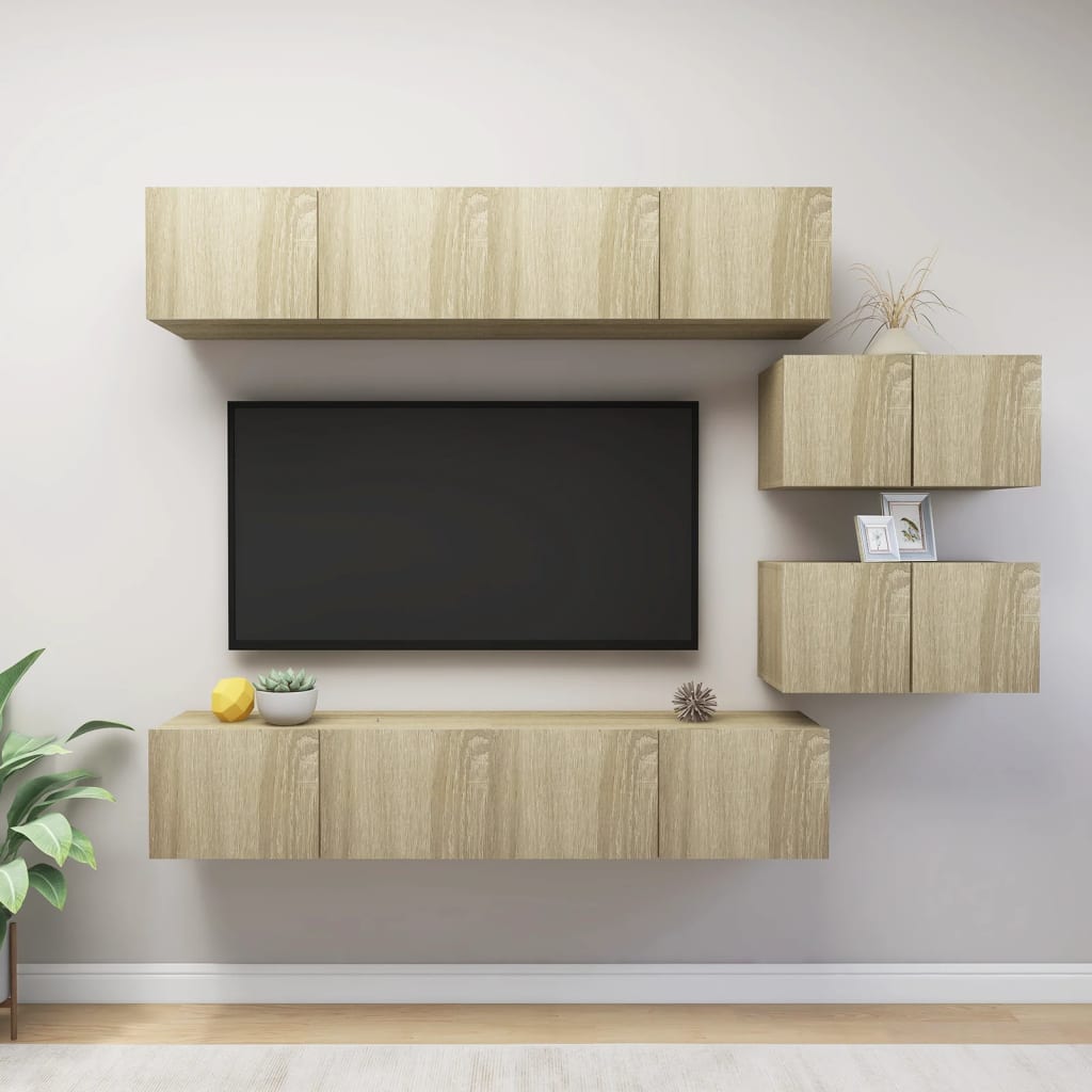 Meuble TV Scandinave Mural Effet Béton - 6 Pièces-Mon Meuble TV-Chêne sonoma-80 cm-6-8