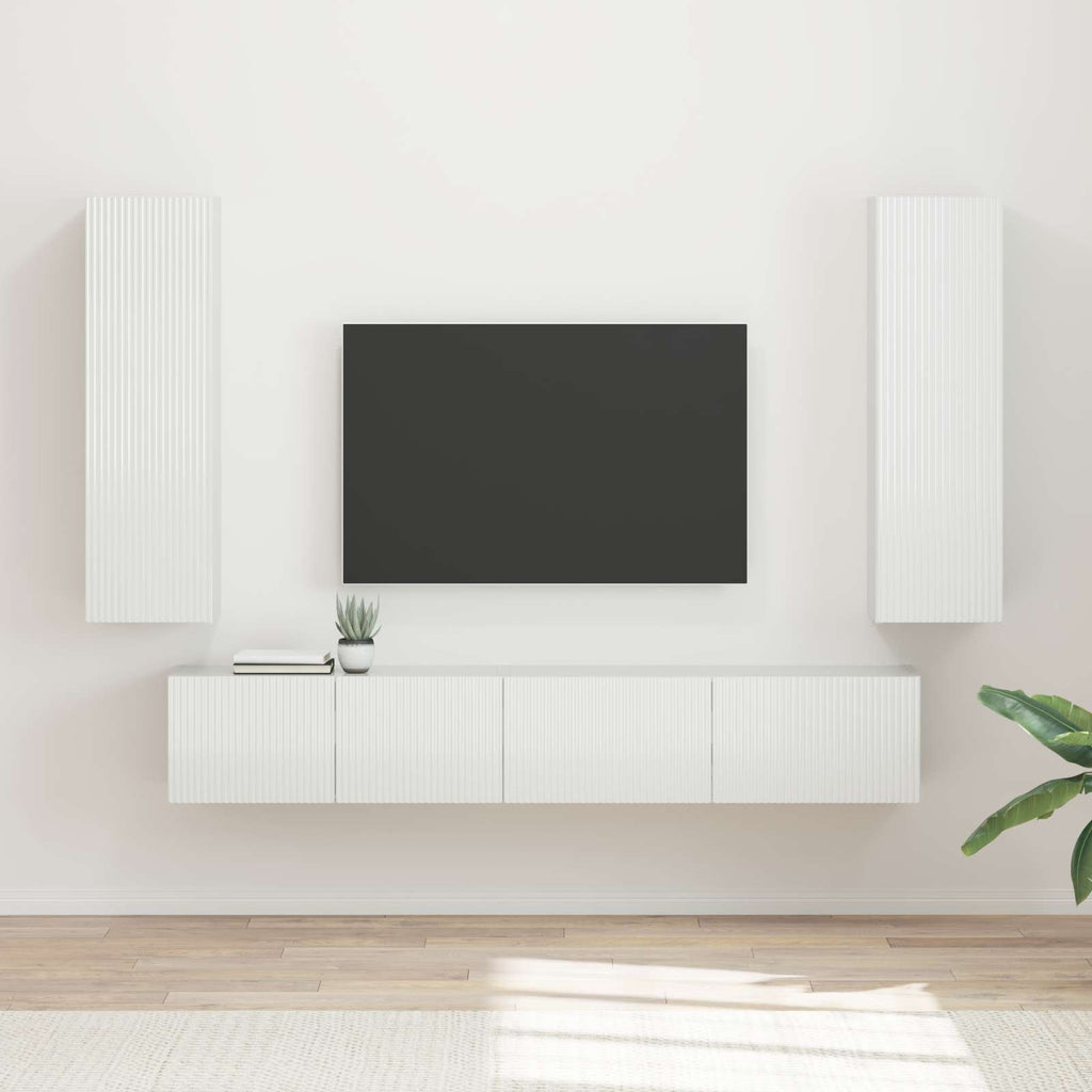 Meuble TV Suspendu avec Colonne Effet Bois Ancien - 3 Pièces-Mon Meuble TV-Blanc brillant-16