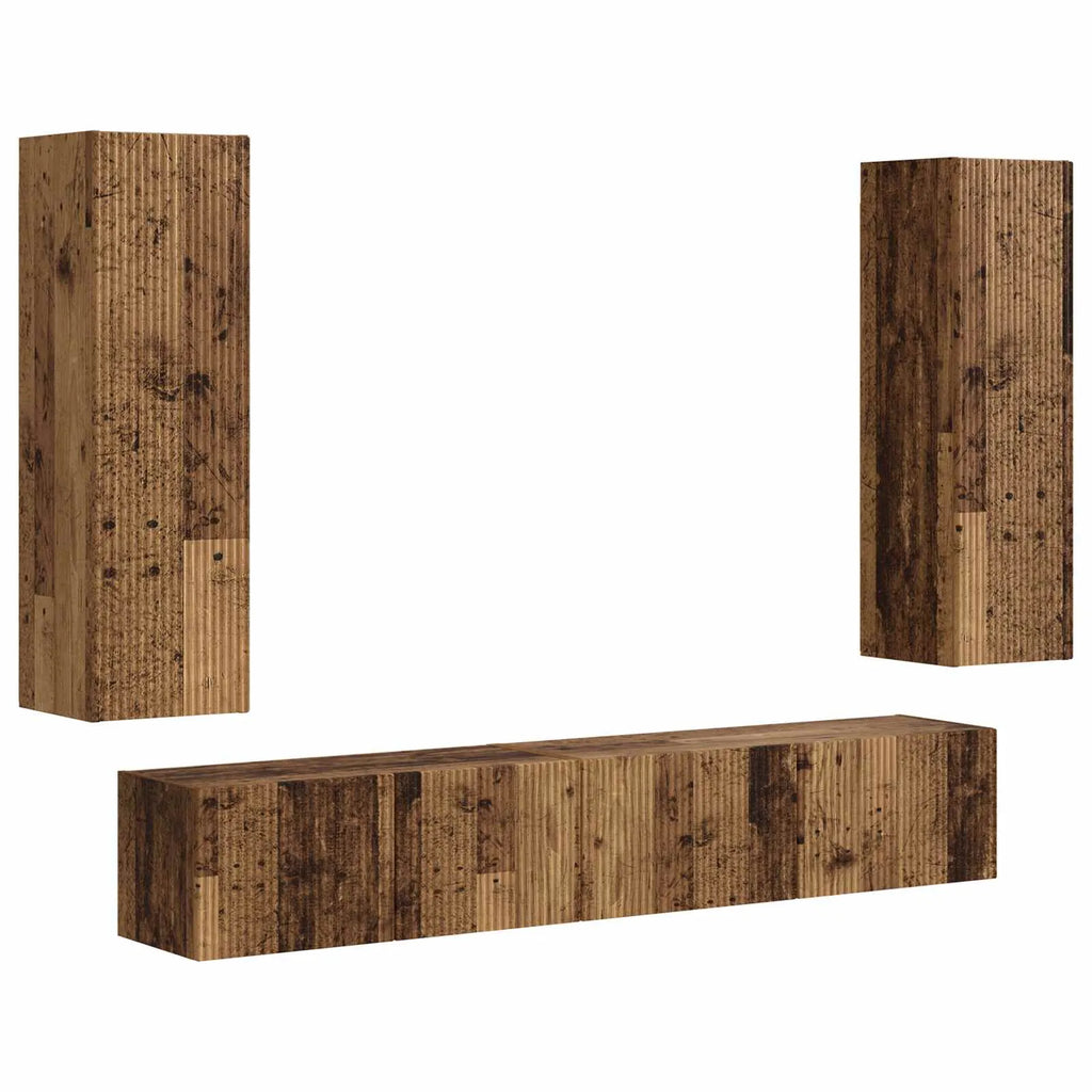 Meuble TV Suspendu avec Colonne Effet Bois Ancien - 3 Pièces-Mon Meuble TV-Bois ancien-1