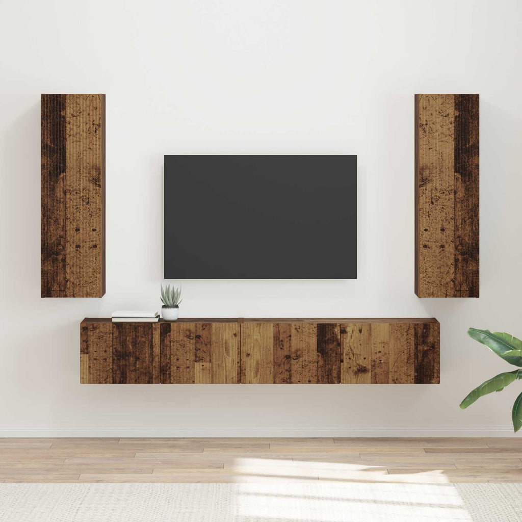 Meuble TV Suspendu avec Colonne Effet Bois Ancien - 3 Pièces-Mon Meuble TV-Bois ancien-2