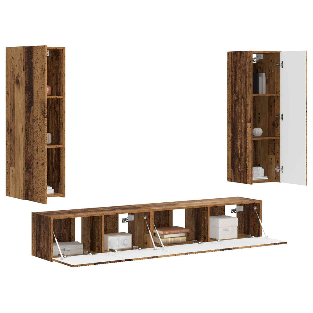 Meuble TV Suspendu avec Colonne Effet Bois Ancien - 3 Pièces-Mon Meuble TV-Bois ancien-3