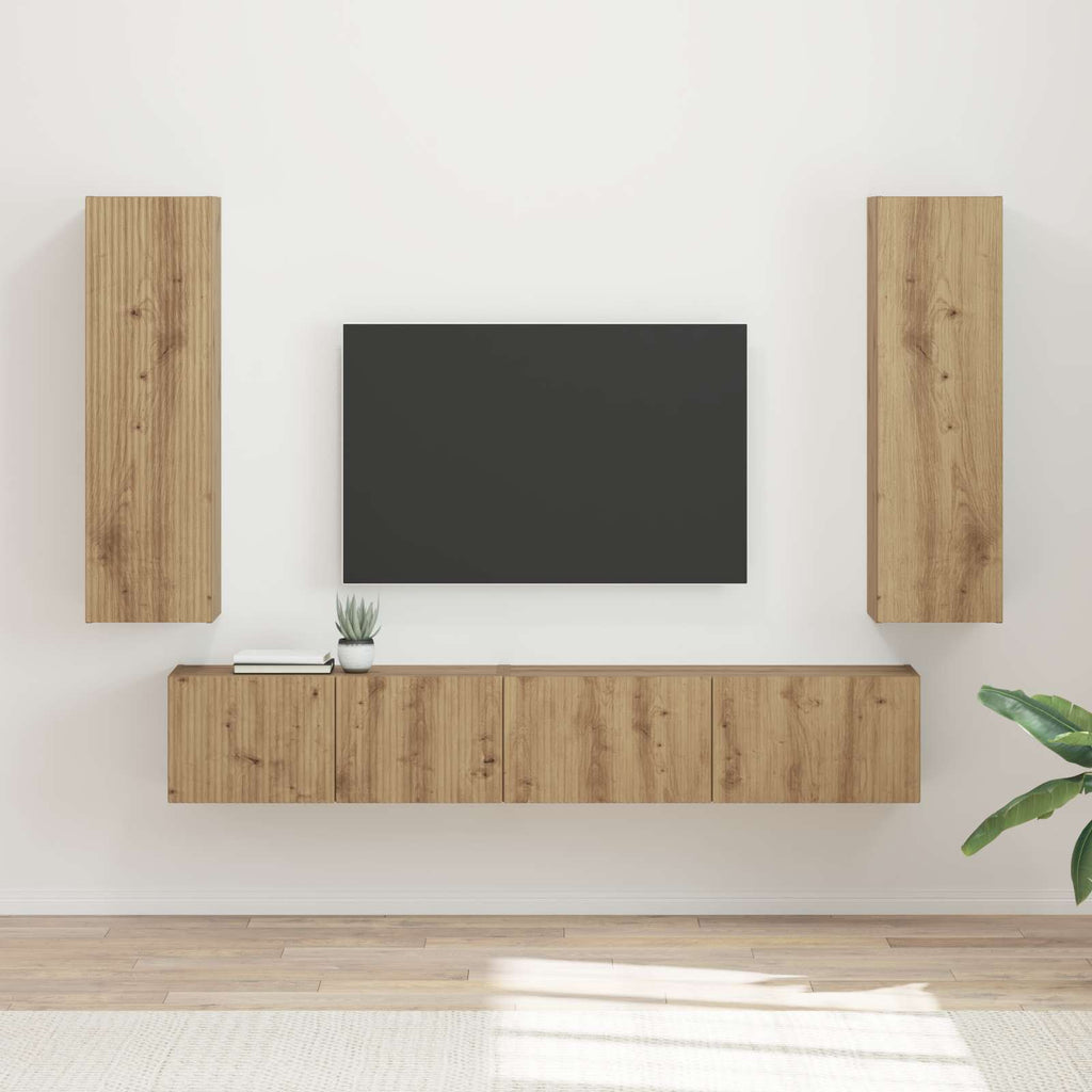 Meuble TV Suspendu avec Colonne Effet Bois Ancien - 3 Pièces-Mon Meuble TV-Chêne artisanal-18
