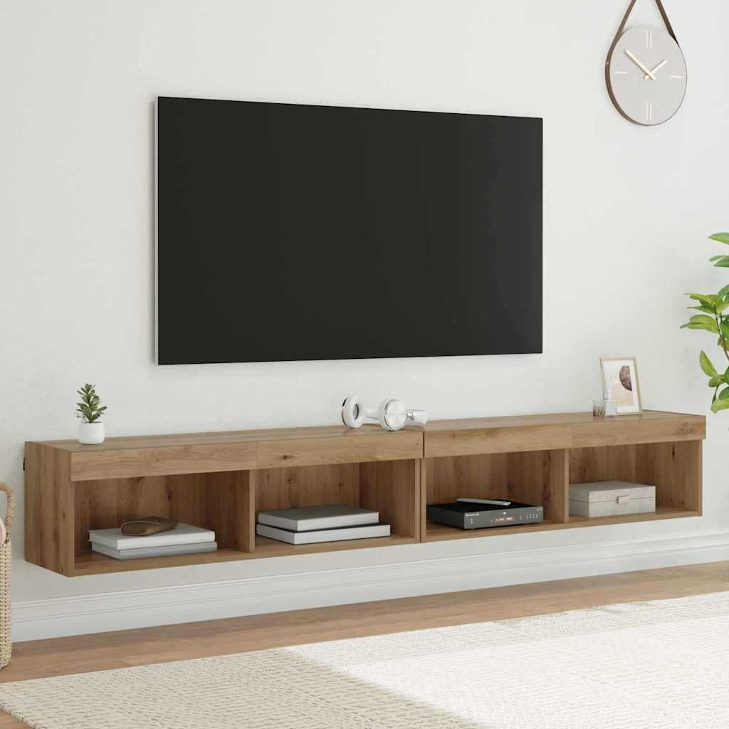 Meuble TV Suspendu avec LED Effet Chêne Artisanal - 200 cm-Mon Meuble TV-2