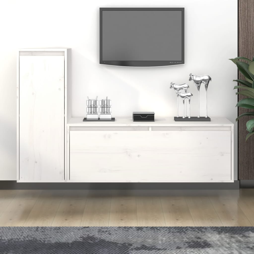 Meuble TV Suspendu Blanc Laqué en Pin Massif - 2 Pièces-Mon Meuble TV-Blanc-2