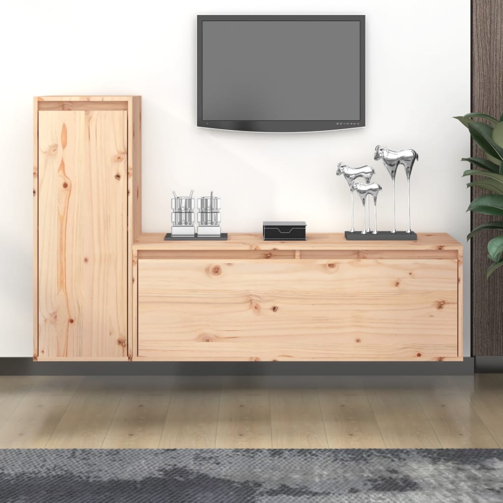 Meuble TV Suspendu Blanc Laqué en Pin Massif - 2 Pièces-Mon Meuble TV-Marron-12
