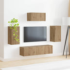 Meuble TV Suspendu Bois Clair Effet Chêne Artisanal - 5 Pièces-Mon Meuble TV-4