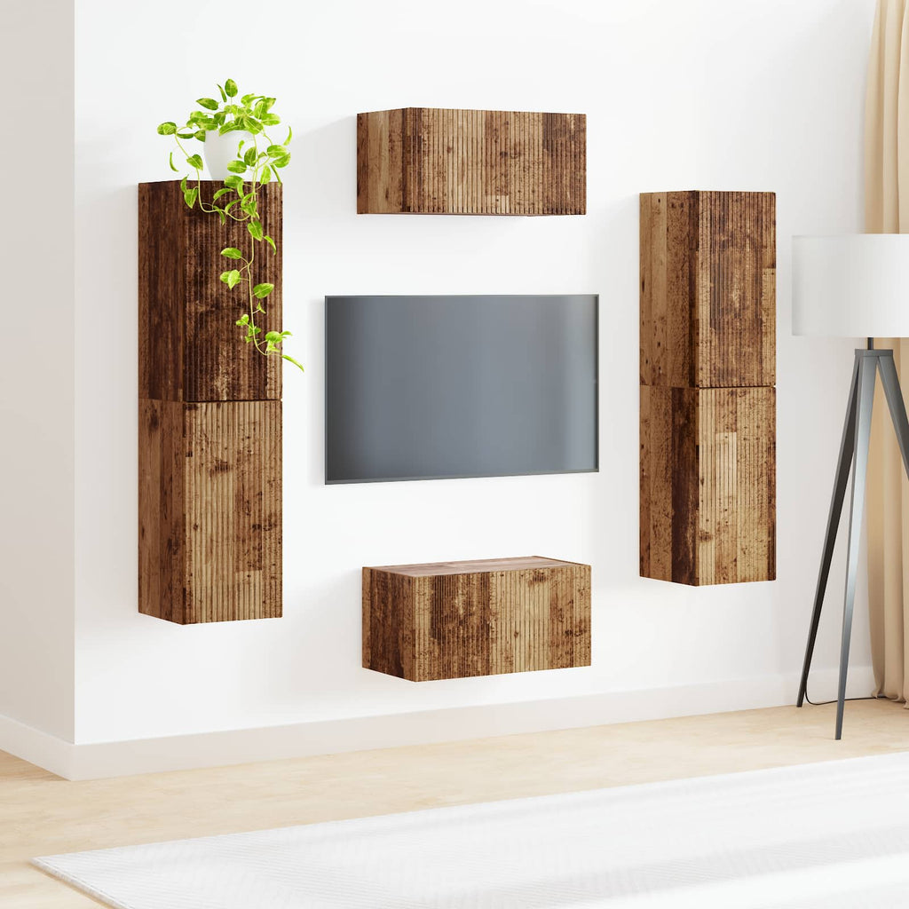 Meuble TV Suspendu Effet Bois Rustique - 6 Pièces-Mon Meuble TV-Bois ancien-4