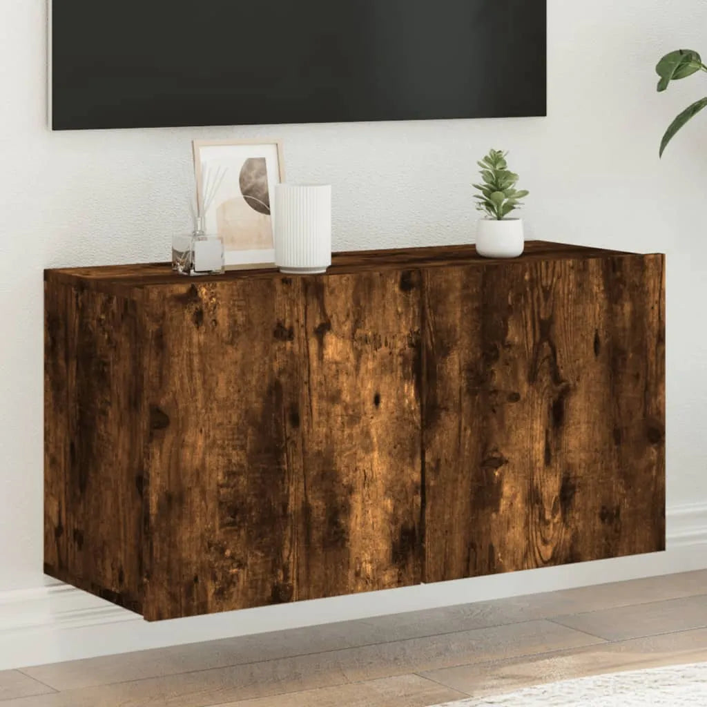 Meuble TV Suspendu Effet Vieux Bois - 100 cm-Mon Meuble TV-Chêne fumé-80 cm-1-34