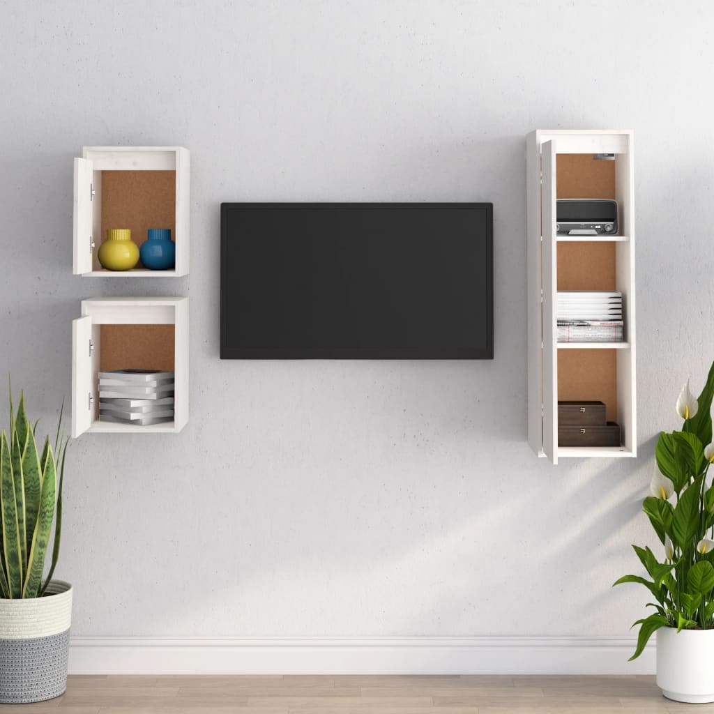 Meuble TV Suspendu en Bois Massif Blanc - 3 Pièces-Mon Meuble TV-Blanc-3