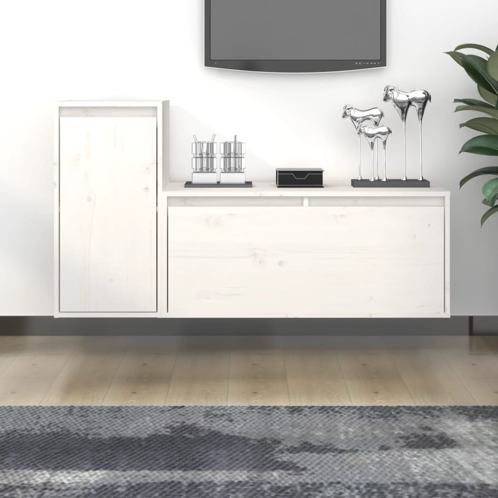 Meuble TV Suspendu en Bois Massif de Pin - 2 Pièces-Mon Meuble TV-Blanc-12