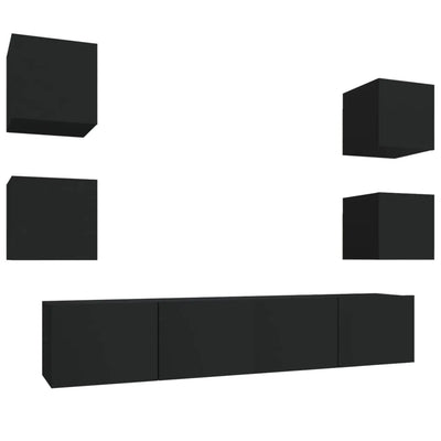 Meuble TV Suspendu en Bois Noir - 6 Pièces