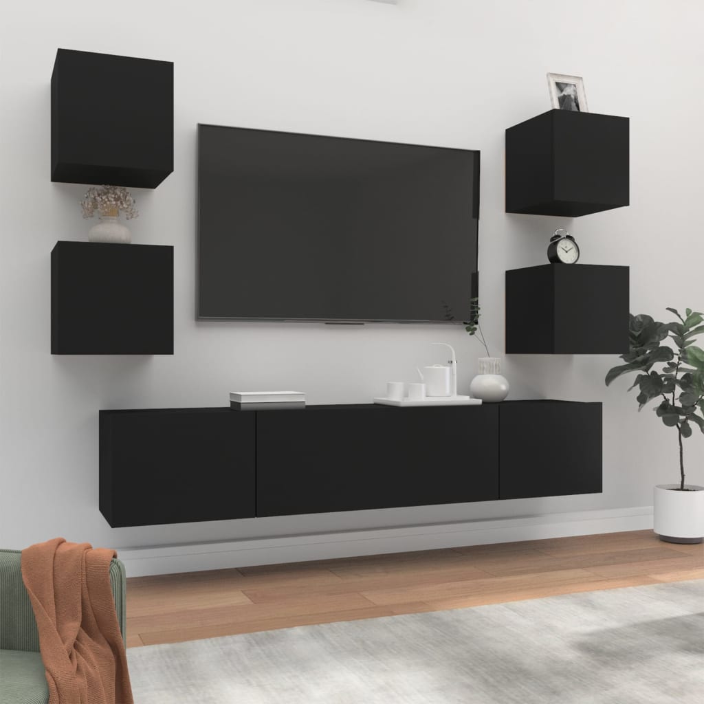 Meuble TV Suspendu en Bois Noir - 6 Pièces-Mon Meuble TV-Noir-80 cm-6-1