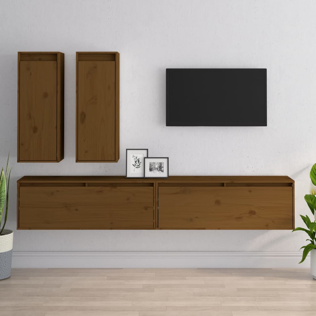 Meuble TV Suspendu en Pin Massif Blanc - 200 cm-Mon Meuble TV-Marron miel-11