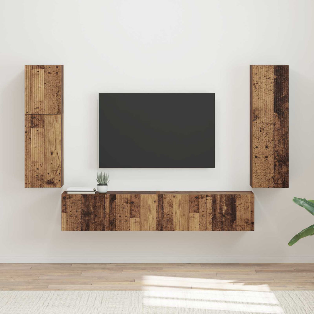 Meuble TV Suspendu en U Effet Bois Ancien - 4 Pièces-Mon Meuble TV-Bois ancien-2