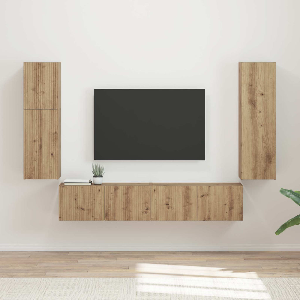 Meuble TV Suspendu en U Effet Bois Ancien - 4 Pièces-Mon Meuble TV-Chêne artisanal-18