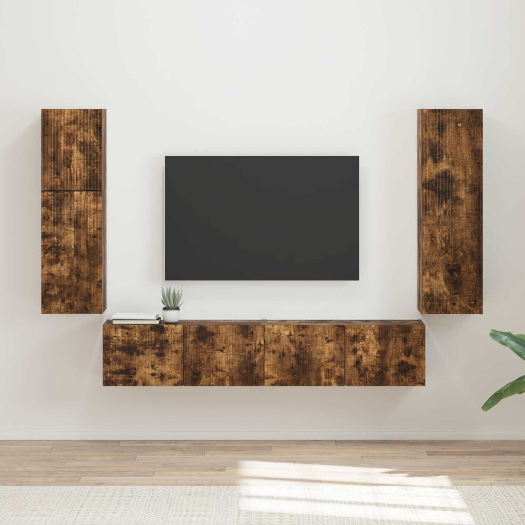 Meuble TV Suspendu en U Effet Bois Ancien - 4 Pièces-Mon Meuble TV-Chêne fumé-17