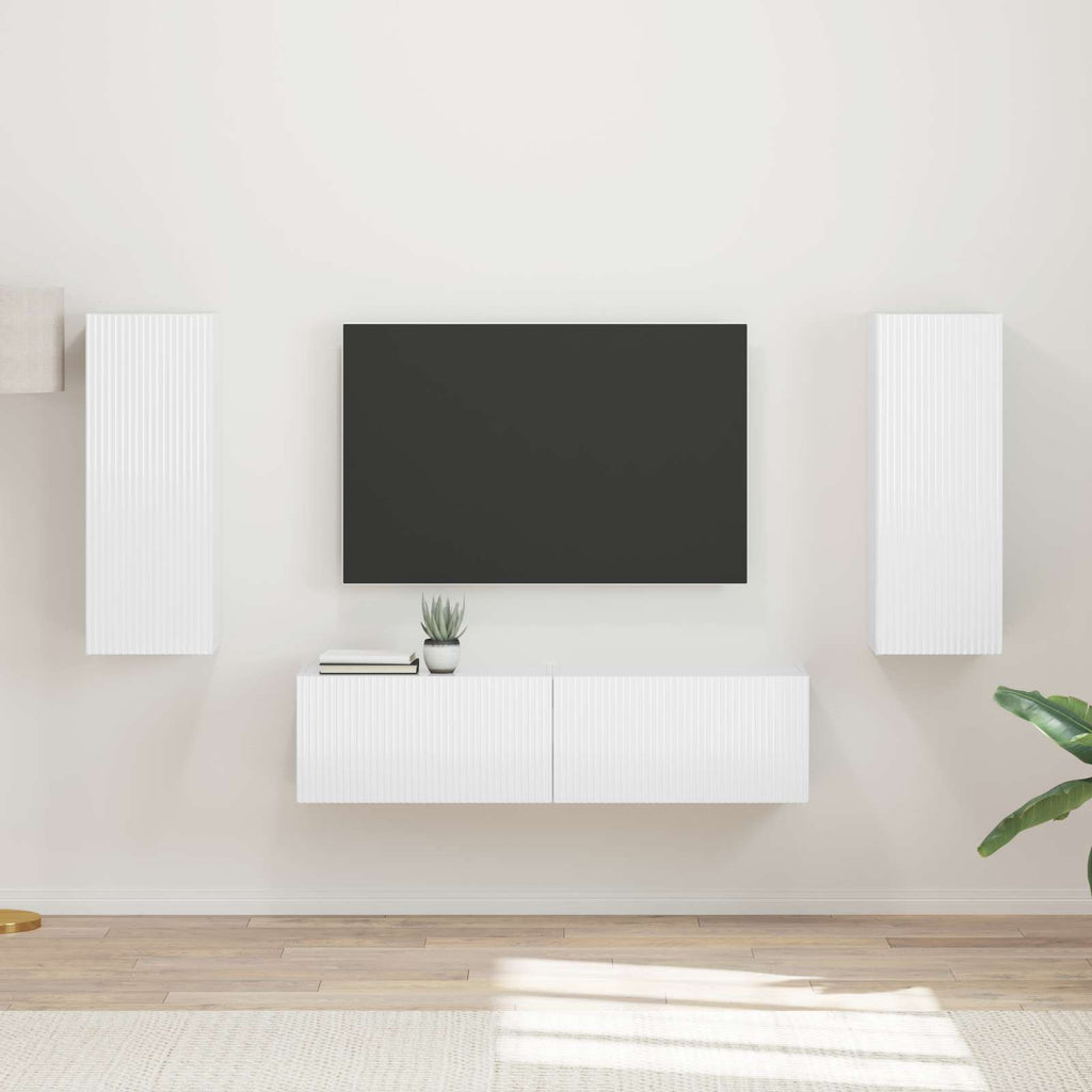 Meuble TV Suspendu et Colonne Effet Chêne Artisanal-Mon Meuble TV-Blanc brillant-14