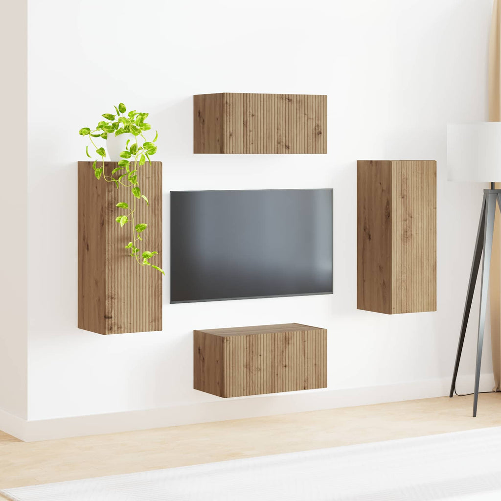 Meuble TV Suspendu et Colonne Effet Chêne Artisanal-Mon Meuble TV-Chêne artisanal-4