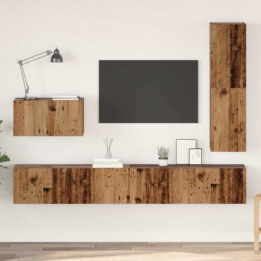 Meuble TV Suspendu et Étagère Effet Bois Ancien - 4 Pièces-Mon Meuble TV-Bois ancien-110 cm-15