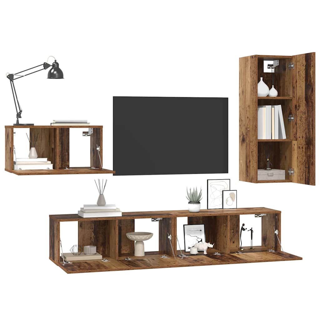 Meuble TV Suspendu et Étagère Effet Bois Ancien - 4 Pièces-Mon Meuble TV-Bois ancien-90 cm-3
