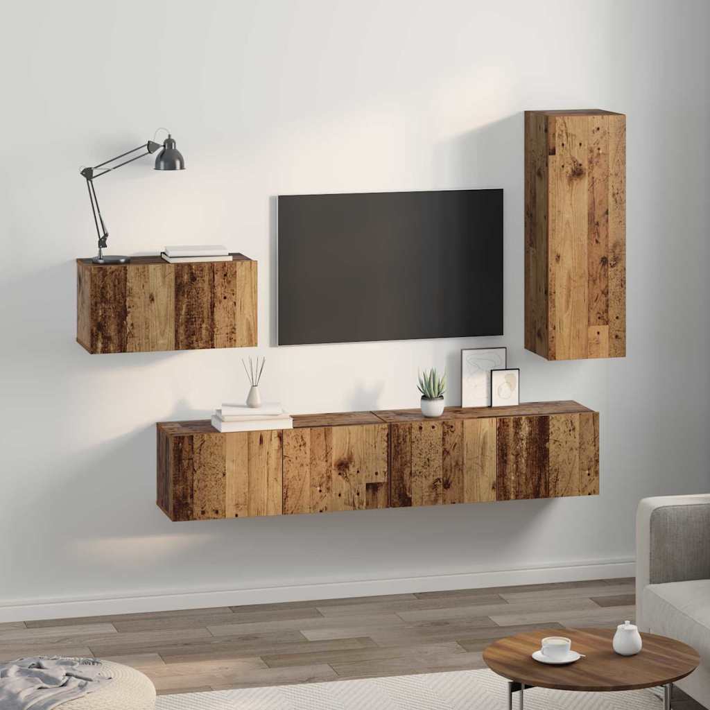 Meuble TV Suspendu et Étagère Effet Bois Ancien - 4 Pièces-Mon Meuble TV-Bois ancien-90 cm-4