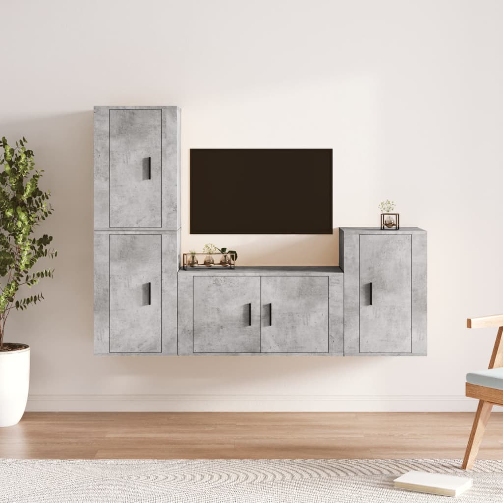 Meuble TV Vintage Bois Foncé Effet Chêne Fumé - 4 Pièces-Mon Meuble TV-Gris béton-10