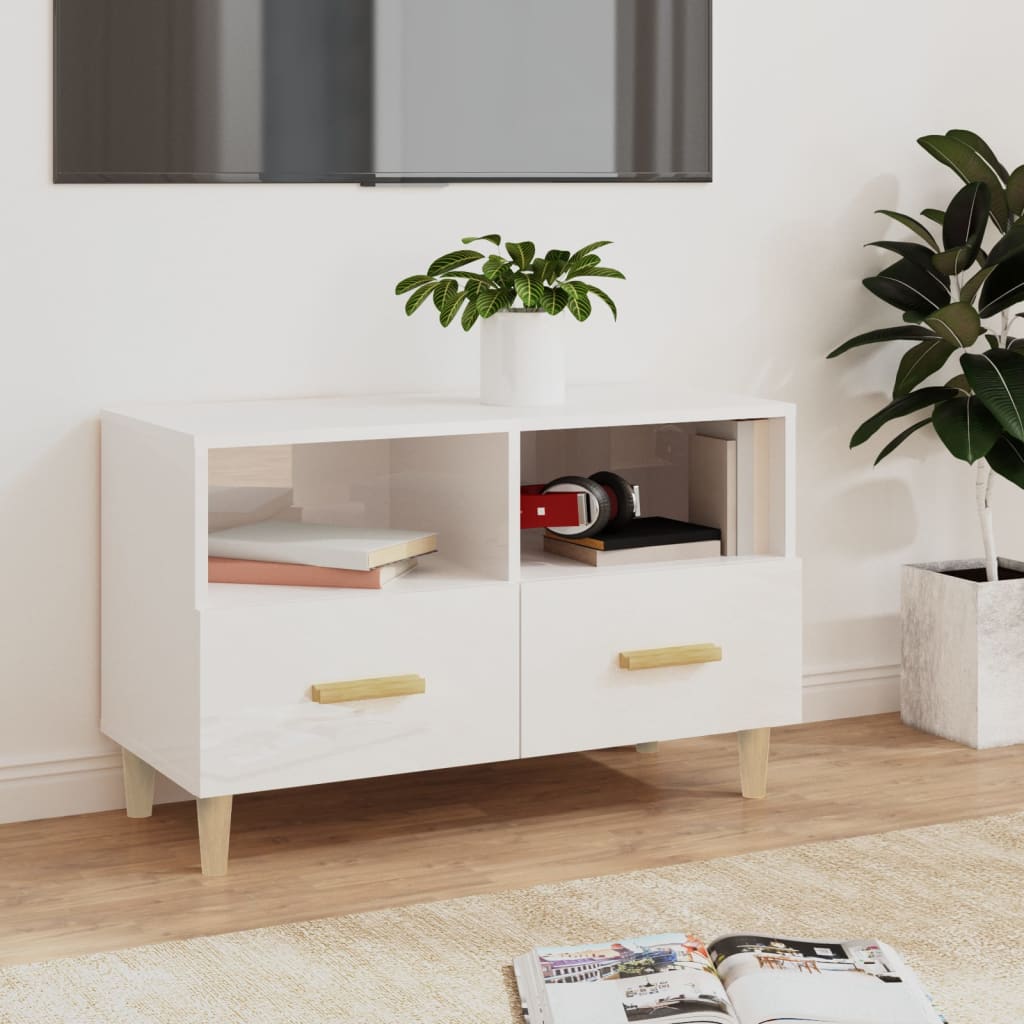 Petit Meuble TV Blanc et Bois - 80 cm-Mon Meuble TV-Blanc brillant-1-1