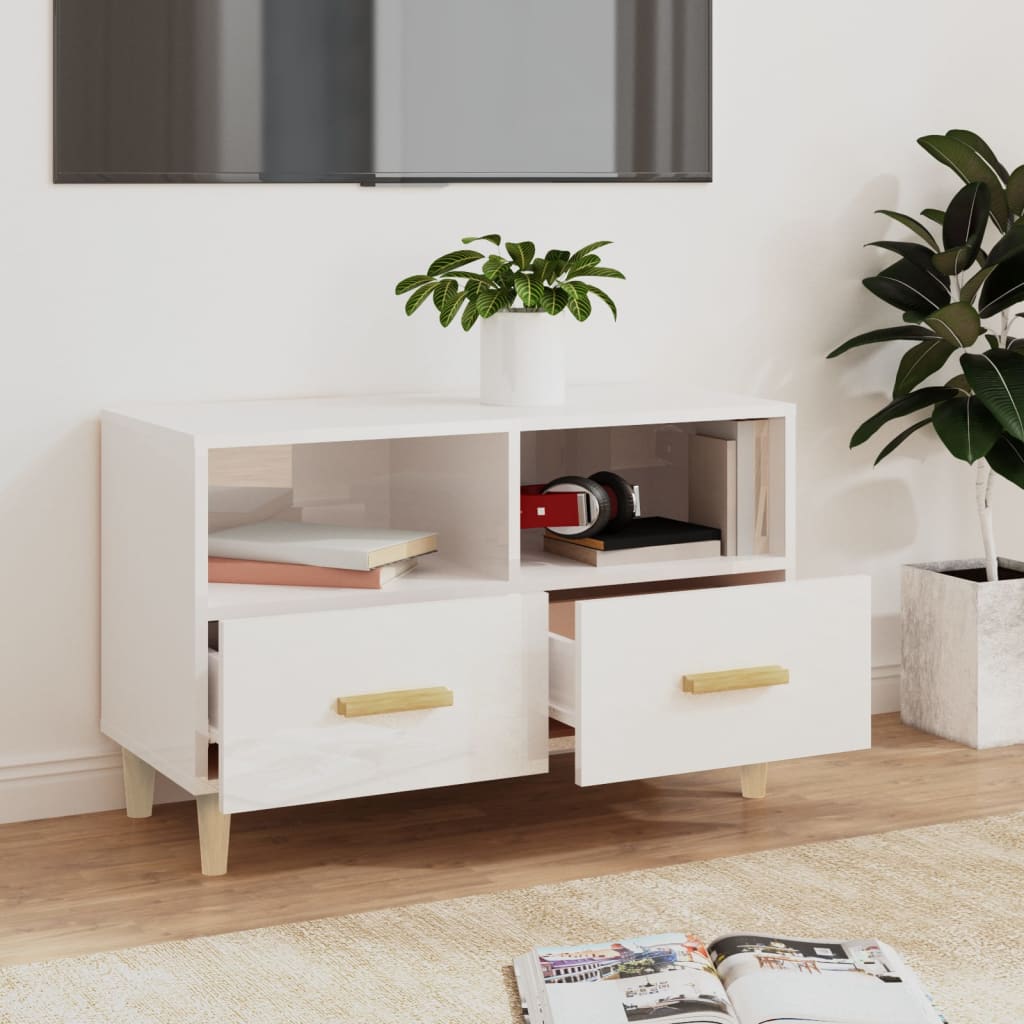 Petit Meuble TV Blanc et Bois - 80 cm-Mon Meuble TV-Blanc brillant-1-3