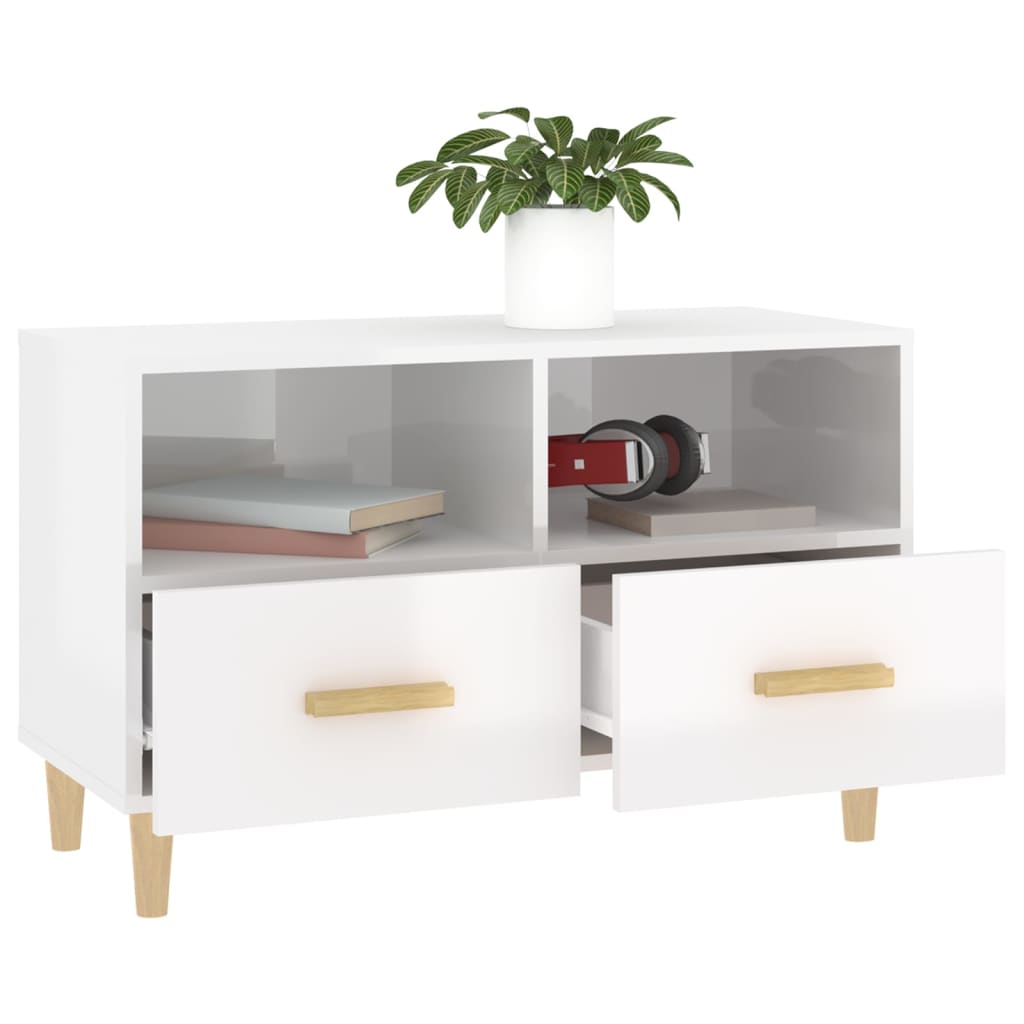Petit Meuble TV Blanc et Bois - 80 cm-Mon Meuble TV-Blanc brillant-1-5