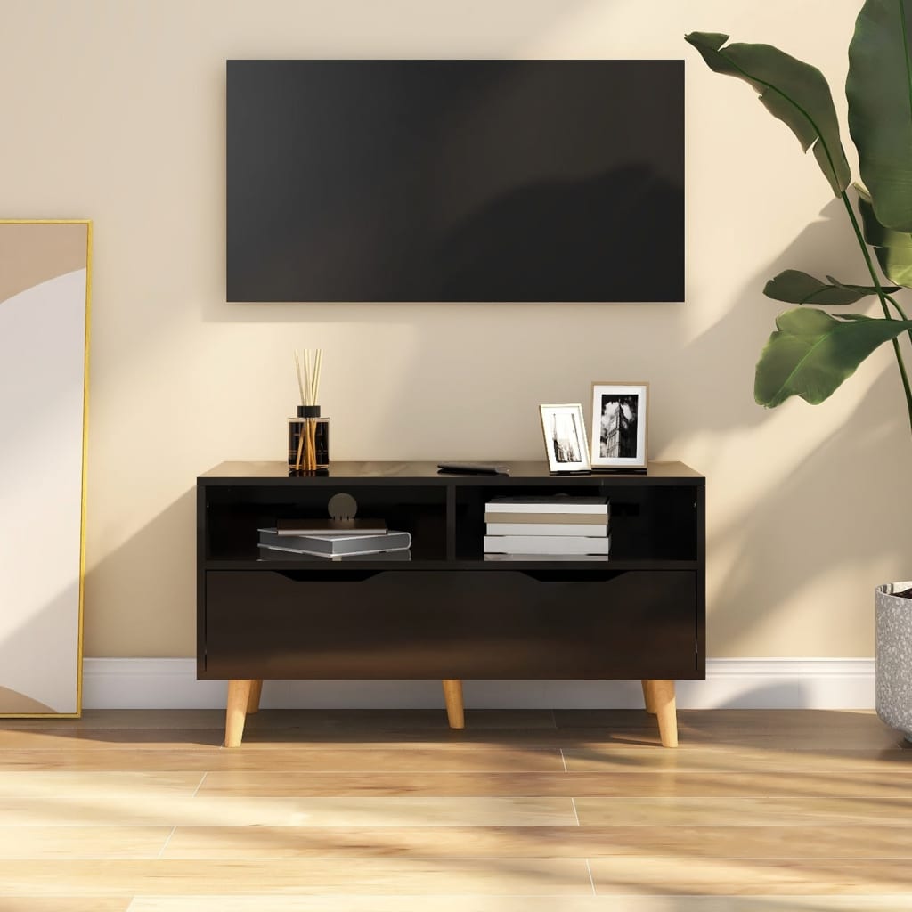 Petit Meuble TV Bois Gris Effet Béton - 90 cm-Mon Meuble TV-noir brillant-1-9