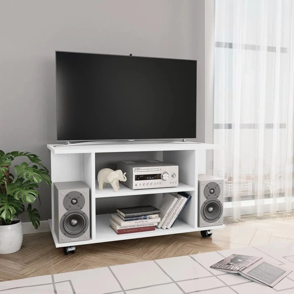 Petit Meuble TV sur Roulettes Effet Vieux Bois - 80 cm-Mon Meuble TV-Blanc-10