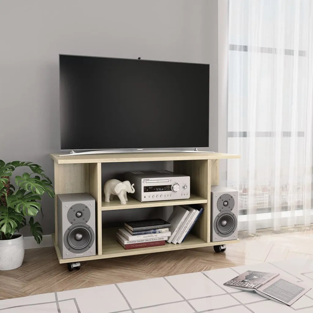 Petit Meuble TV sur Roulettes Effet Vieux Bois - 80 cm-Mon Meuble TV-Chêne sonoma-12