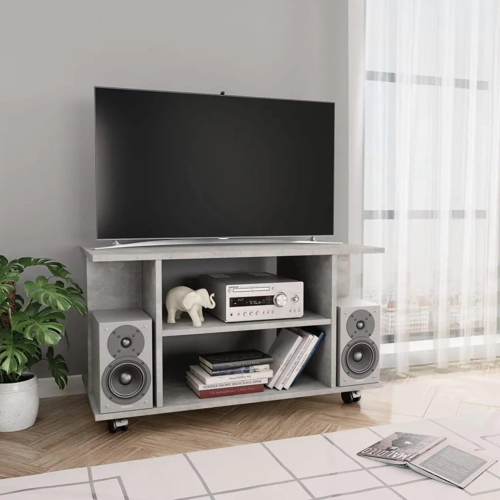 Petit Meuble TV sur Roulettes Effet Vieux Bois - 80 cm-Mon Meuble TV-Gris béton-11